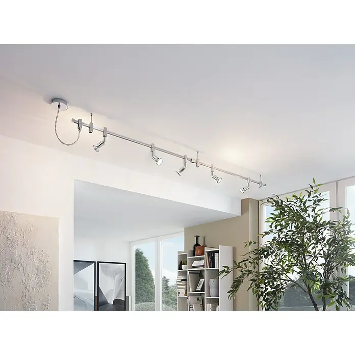 Eglo LED-Schienensystem Vilanova - 3 W, 200 cm, GU10 - Deckenleuchte mit sechs Strahlern an einer Metallschiene, die ein modernes und helles Ambiente erzeugt.