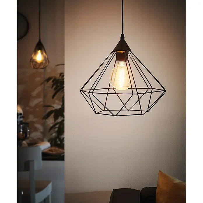 Eglo Tarbes Pendelleuchte rund - Schwarz, Höhe: 110 cm, Durchmesser: 325 mm - Moderne Pendelleuchte mit schwarzem Drahtgestell und einer warm leuchtenden Edison-Glühbirne, die ein stilvolles Ambiente erzeugt.