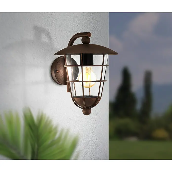 Eglo Außenwandleuchte Pulfero 1 - 60 W, Braun, Klar, IP44 - Rustikale Wandleuchte für den Außenbereich mit klarem Glas und dekorativem Käfig.