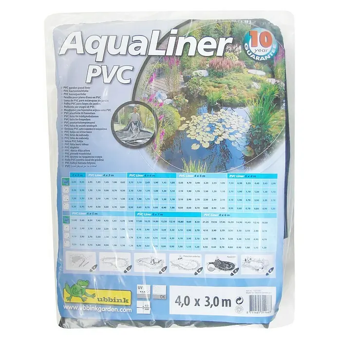 Ubbink PVC-Teichfolie AquaLiner - Stärke: 1 mm, L x B: 4 x 3 m - Aquafolien-Verpackung: AquaLiner PVC Teichfolie für Gartenteiche, robust und langlebig, mit 10 Jahren Garantie.