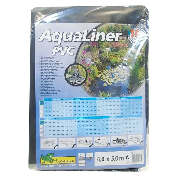 Ubbink PVC-Teichfolie AquaLiner - Stärke: 0,5 mm, L x B: 6 x 5 m - Produktverpackung AquaLiner PVC Gartenteichfolie mit Größenangaben und Herstellerinformationen.