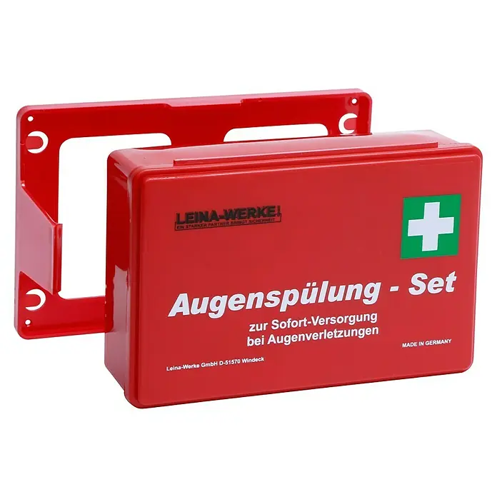 Leina-Werke Augenspülung-Set - 10 -tlg., Mit Wandhalterung - Roter Augenspülkasten von Leina-Werke mit Wandhalterung für die schnelle Versorgung bei Augenverletzungen, Made in Germany.