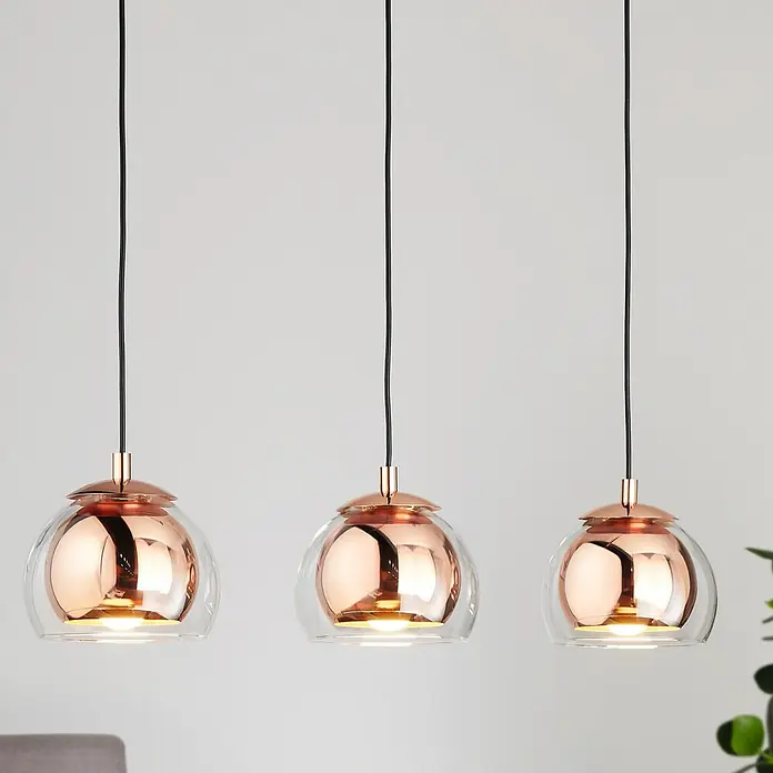 Eglo Pendelleuchte rund Rocamar - Höhe: 110 cm, Kupfer/Klar, 120 W - Drei moderne Hängelampen mit klaren Glaskugeln und kupferfarbenen Akzenten, die ein warmes Licht verbreiten.