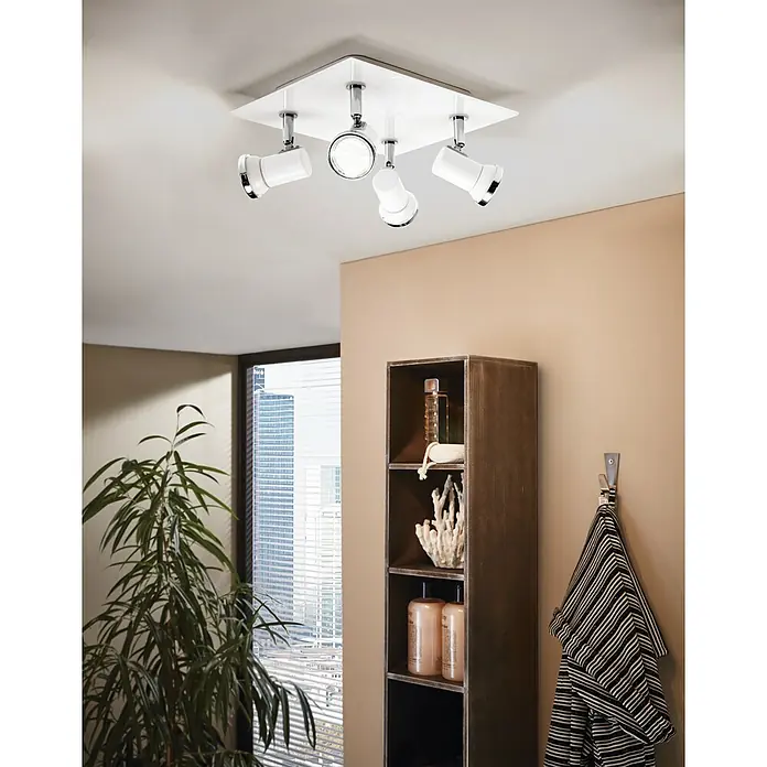 Eglo LED-Deckenstrahler Tamara 1 - 12 W, L x B x H: 26 x 26 x 24 cm, Chrom, Weiß - Moderne Deckenleuchte mit vier Strahlern in Weiß und Chrom. Das elegante Design passt perfekt in moderne Badezimmer oder Flure.