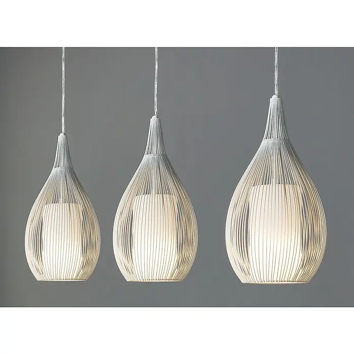 Eglo Pendelleuchte Razoni - 180 W, L x B x H: 99 x 19 x 110 cm, Weiß, E27, 3 Stk. - Drei hängende Pendelleuchten mit tropfenförmigem Design und weißer Farbgebung sorgen für stilvolle Beleuchtung.