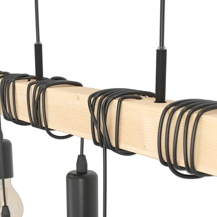 Eglo Townshend Pendelleuchte - B x H: 10 x 110 cm, Schwarz/Braun, 360 W - Nahaufnahme einer stilvollen Pendelleuchte mit einem Holzbalken und umwickelten Kabeln, die ein modernes Designelement darstellt.