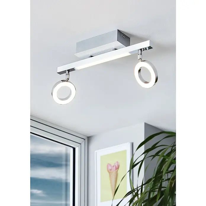 Eglo LED-Wandstrahler Cardillio 1 - 9,7 W, Chrom, Warmweiß, 2 Stk. - Eine moderne Deckenleuchte mit zwei runden LED-Spots und einem linearen LED-Element, ideal für stilvolle Beleuchtung.