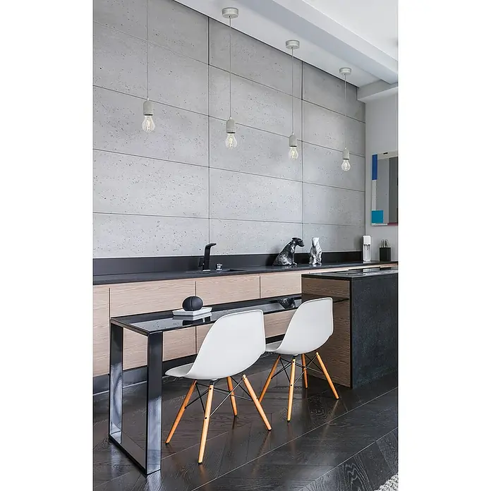 Eglo Pendelleuchte Silvares - Höhe: 110 cm, Anzahl Leuchtmittel: 1 Stk. - Moderne Kücheneinrichtung mit vier minimalistischen Pendelleuchten über einer Kochinsel, die das elegante Design des Raumes unterstreichen.