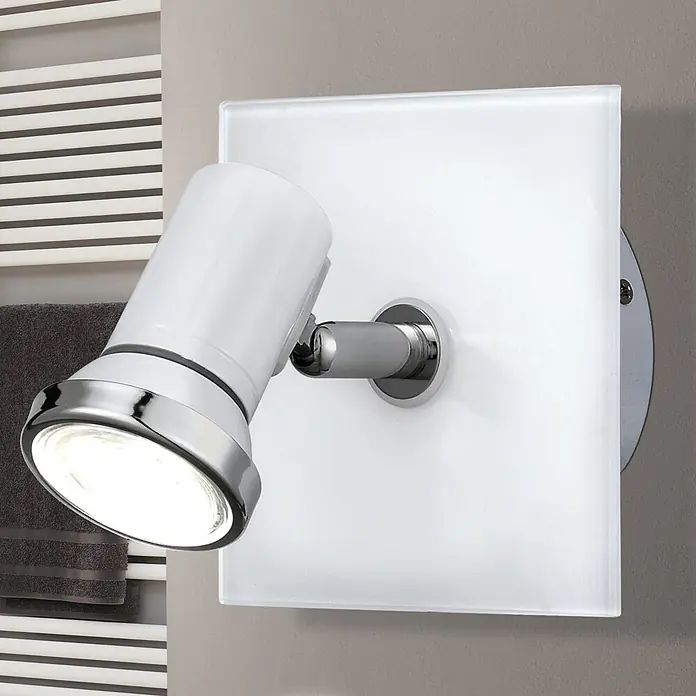 Eglo LED-Wandstrahler Tamara 1 - 3 W, Chrom, Weiß - Eine moderne Wandleuchte mit einem weißen Lampenschirm und Chromakzenten, ideal für stilvolle Badezimmerbeleuchtung.