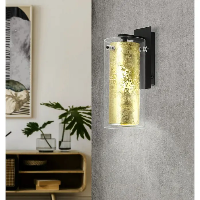 Eglo Pinto Gold Wandleuchte - 40 W, L x B x H: 11 x 15 x 27 cm, Schwarz/Gold, E27 - Elegante Wandleuchte mit goldenem Schirm und klarem Glaszylinder, die ein warmes Licht ausstrahlt und eine stilvolle Atmosphäre schafft.