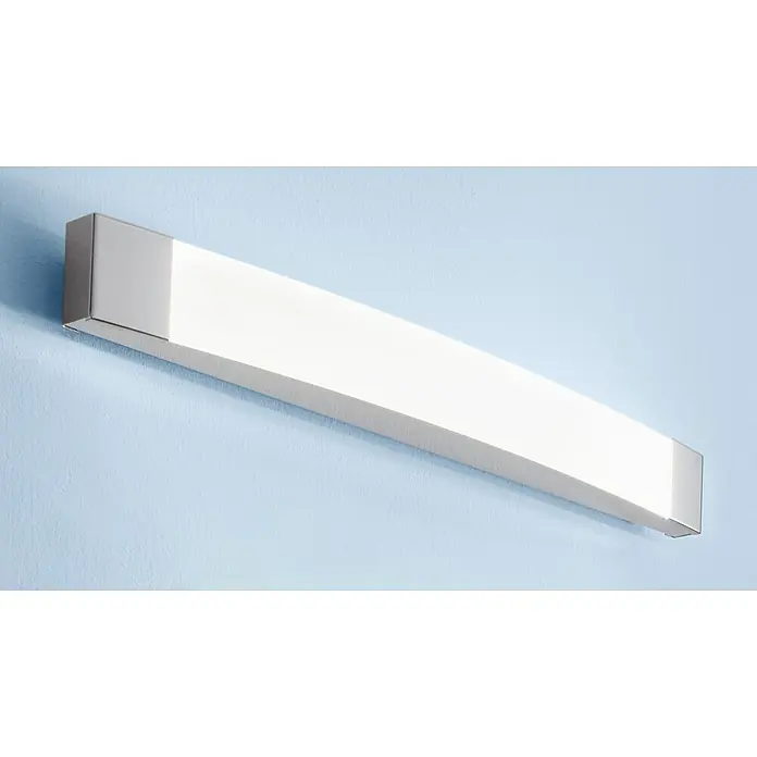 Eglo LED-Spiegelleuchte Siderno - 16 W, L x B x H: 6,5 x 58 x 6 cm, Weiß, Chrom, Neutralweiß - Diese Aufnahme zeigt eine stilvolle, längliche LED-Wandleuchte mit schlichtem Design, die ein helles, gleichmäßiges Licht abgibt und eine moderne Note verleiht.