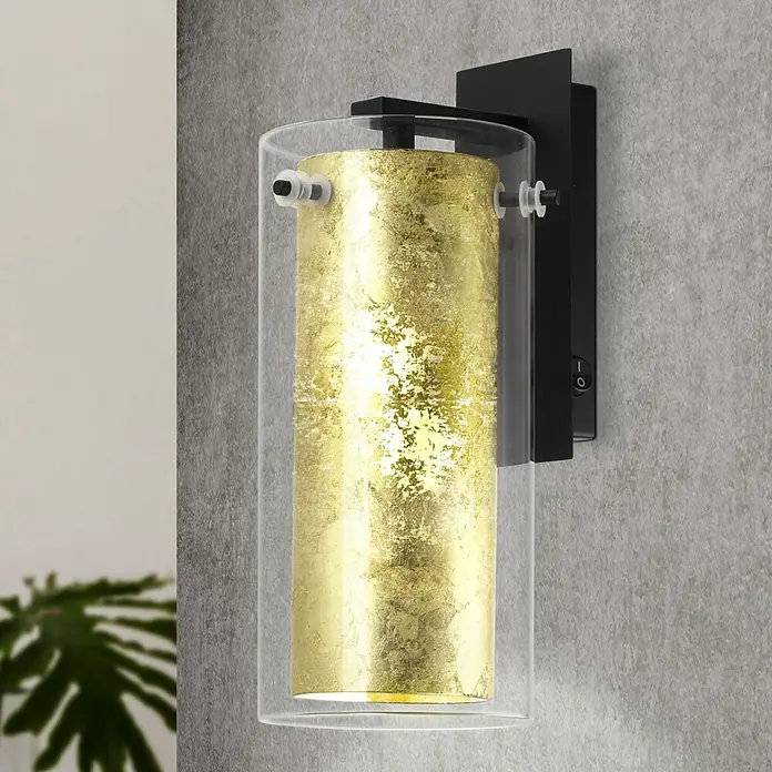 Eglo Pinto Gold Wandleuchte - 40 W, L x B x H: 11 x 15 x 27 cm, Schwarz/Gold, E27 - Wandleuchte mit Blattgolddesign und klarem Glaszylinder, montiert auf einer schwarzen Halterung mit Schalter.