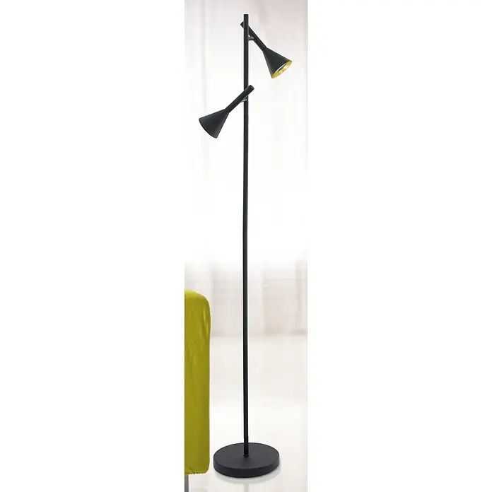Eglo Cortaderas LED-Stehleuchte - Ø x H: 25 x 144,5 cm - Moderne Stehlampe in Schwarz mit zwei schwenkbaren Lampenköpfen und goldener Innenseite für stilvolle Beleuchtung im Wohnraum.