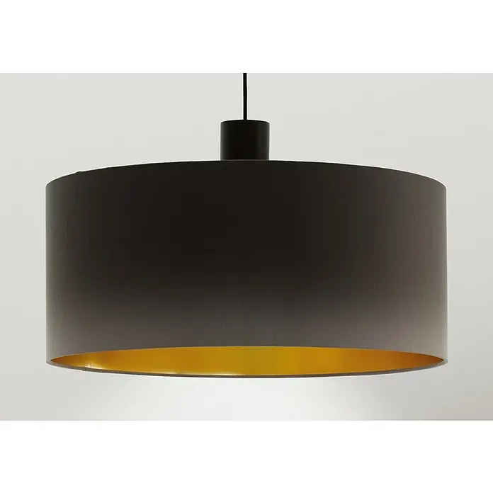 Eglo Concessa 1 Pendelleuchte - Ø x H: 530 mm x 150 cm - Nahaufnahme einer Pendelleuchte mit einem grauen Schirm und einer goldenen Innenseite, die ein warmes Licht ausstrahlt.