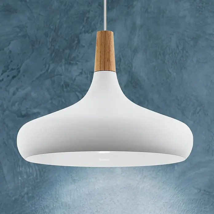 Eglo Pendelleuchte rund Sabinar - 60 W, Ø x H: 400 mm x 110 cm, Braun, Weiß, E27 - Elegante weiße Hängelampe mit Holzdetails. Diese moderne Leuchte ist perfekt für jeden Raum und sorgt für ein angenehmes Licht.