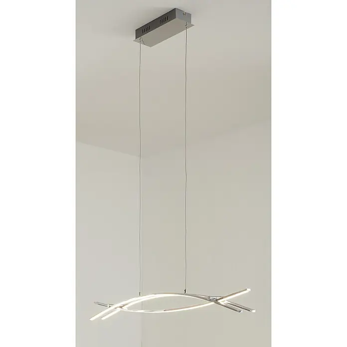 Eglo LED-Pendelleuchte Nevado - L x B x H: 90 x 8 x 110 cm - Hängelampe mit modernem Design. Sie besteht aus zwei sich kreuzenden, gebogenen Elementen mit integrierten LEDs. Die Aufhängung erfolgt über feine Drahtseile.