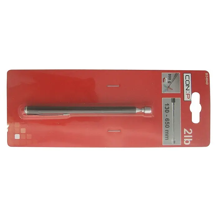 Connex Imán extensible - Largo: 650 mm - Primer plano de una herramienta de recogida magnética CON:P con una capacidad de 2lb y una longitud de 130-650 mm, envasada en plástico rojo.