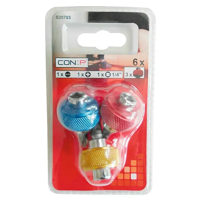 Connex Set de puntas - 6 pzs. - La imagen muestra un juego de 6 adaptadores de aire acondicionado en un paquete transparente, incluyendo uno plano, uno Phillips y uno de 1/4".