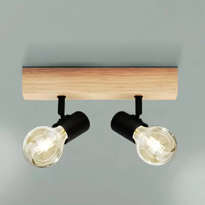 Eglo Townshend 3 Deckenstrahler - 120 W, L x B x H: 30 x 5 x 5 cm, Schwarz, Braun, E27 - Deckenleuchte aus Holz mit zwei schwarzen, verstellbaren Strahlern und sichtbaren Glühbirnen.