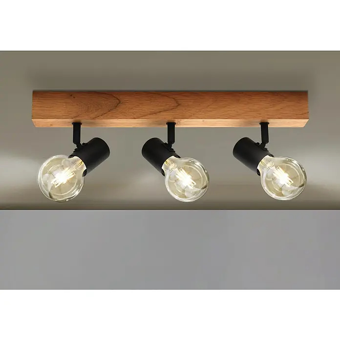 Eglo Townshend 3 Deckenstrahler - 180 W, L x B x H: 5 x 5 x 48 cm, Schwarz, Braun, E27 - Deckenleuchte mit drei Strahlern. Die Leuchte hat eine Holzbasis und drei schwarze Strahler mit Edison-Glühbirnen.