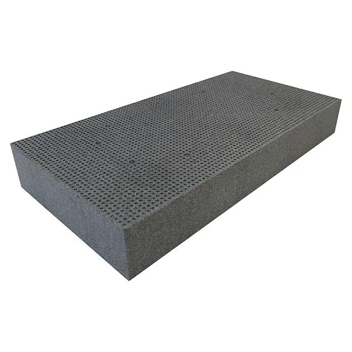 WDVS-Dämmplatte - Stärke: 80 mm, Wärmeleitstufe: 034, Expandiertes Polystyrol (EPS), Grau - Detailansicht eines grauen, rechteckigen Schaumstoffblocks mit Gitterstruktur. Perfekt für Polsterung oder Schallabsorption mit vielseitigen Anwendungsmöglichkeiten.
