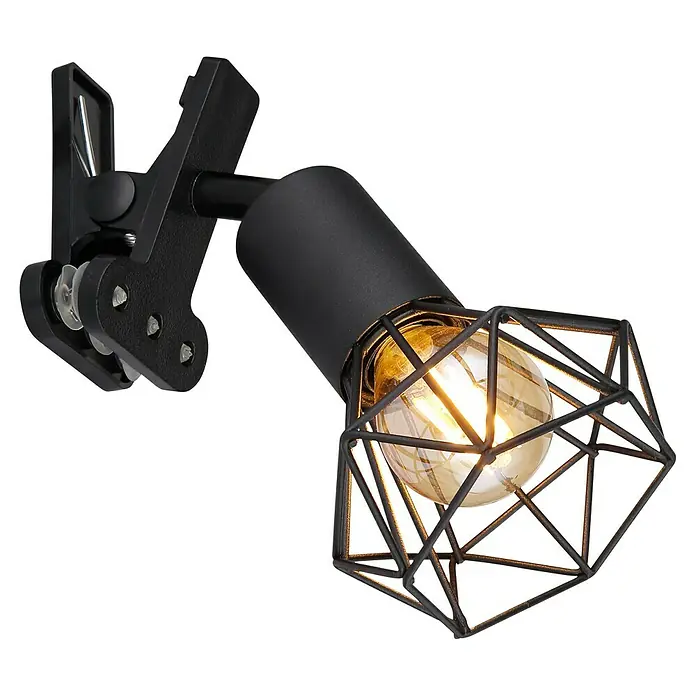 Globo Xara I Klemmleuchte - L x B x H: 17 x 9,2 x 18 cm, Farbe Gehäuse: Schwarz, E14 - Die schwarze Klemmleuchte mit geometrischem Lampenschirm und einer warm leuchtenden Glühbirne ist ein echter Hingucker.