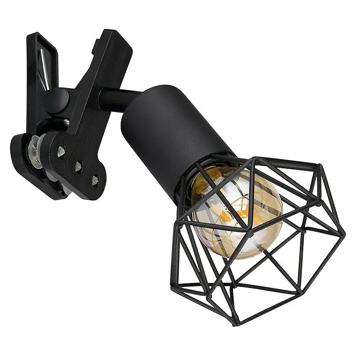 Globo Xara I Klemmleuchte - L x B x H: 17 x 9,2 x 18 cm, Farbe Gehäuse: Schwarz, E14 - Nahaufnahme einer schwarzen Klemmleuchte mit geometrischem Lampenschirm und warm leuchtender Glühbirne auf schwarzem Hintergrund.