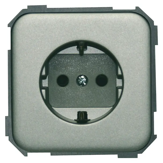 Simon 31 Enchufe - Aluminio, Toma a tierra, Aluminio, Instalar - Primer plano de un enchufe Schuko gris con diseño redondo, montado en la pared, ideal para interiores.