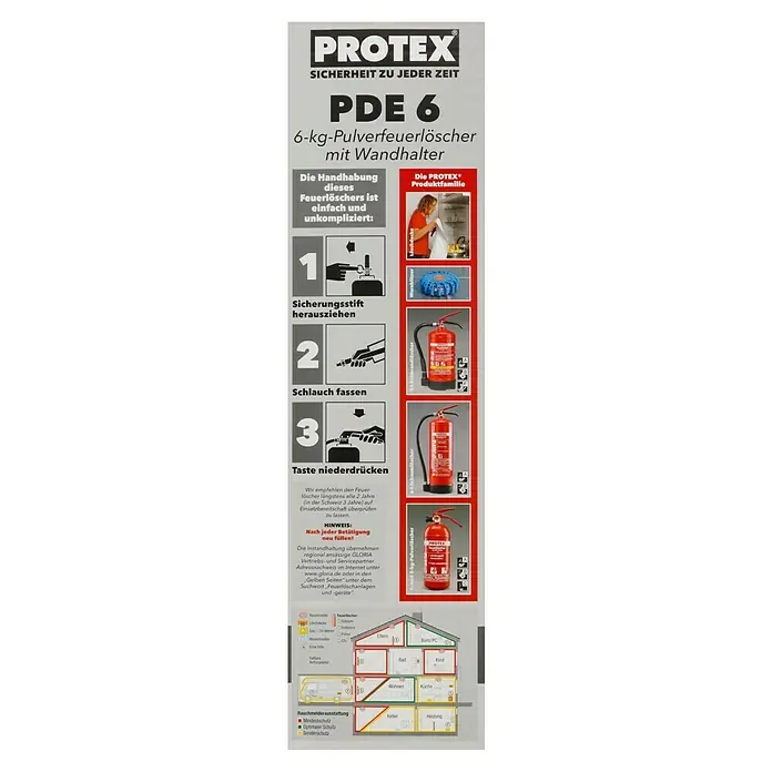 Gloria Feuerlöscher PDE 6 PROTEX - 6 kg, DIN EN 3 - Produktdatenblatt für PROTEX PDE 6 6-kg-Pulverfeuerlöscher mit Wandhalter, das die einfache Handhabung und die PROTEX Produktfamilie hervorhebt.