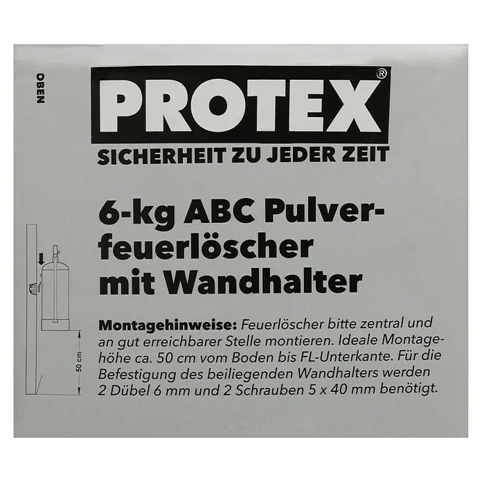 Gloria Feuerlöscher PDE 6 PROTEX - 6 kg, DIN EN 3 - Abbildung eines 6-kg-ABC-Pulverfeuerlöschers mit Wandhalterung von Protex, inklusive Montagehinweisen für eine optimale Anbringung.