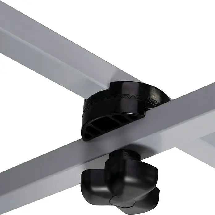 Arbeitsbock Tretix - Höhenverstellung: 32 cm - 103 cm - Detailaufnahme einer schwarzen Feststellschraube an einem grauen Metallrahmen, die Stabilität und Funktionalität betont.