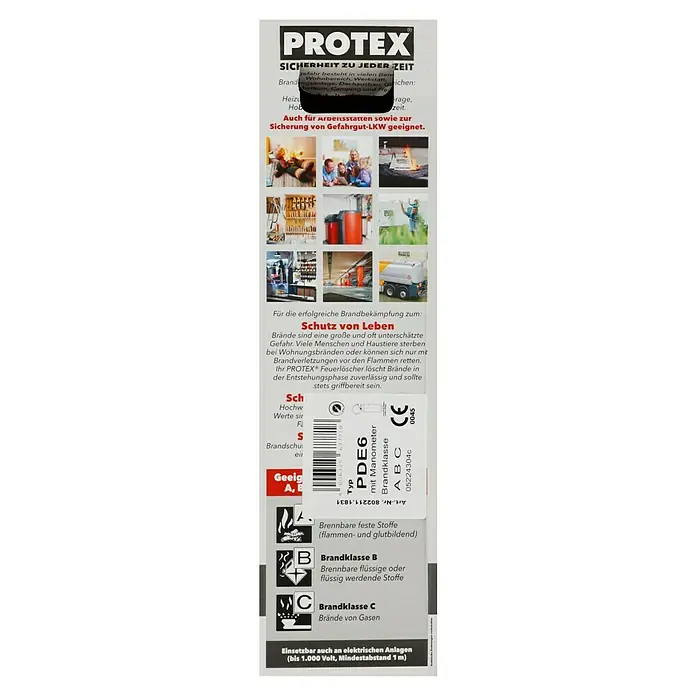 Gloria Feuerlöscher PDE 6 PROTEX - 6 kg, DIN EN 3 - PROTEX Feuerlöscher Information: Geeignet für Brände der Klassen A, B und C. Auch für Elektroanlagen bis 1.000V (Mindestabstand 1m).