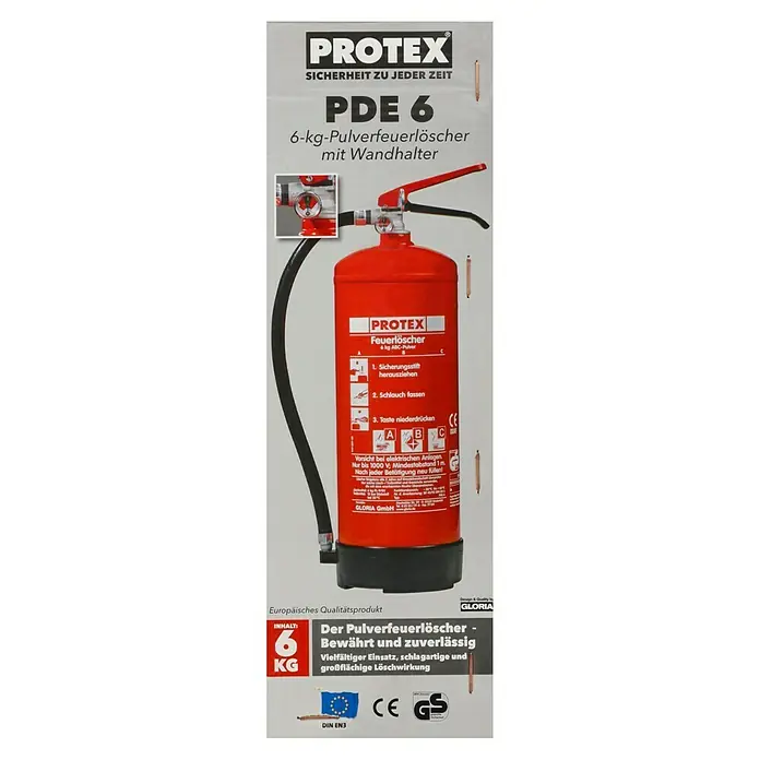 Gloria Feuerlöscher PDE 6 PROTEX - 6 kg, DIN EN 3 - Anzeige für einen Protex PDE 6 6-kg-Pulverfeuerlöscher mit Wandhalterung, der Sicherheit zu jeder Zeit bietet.