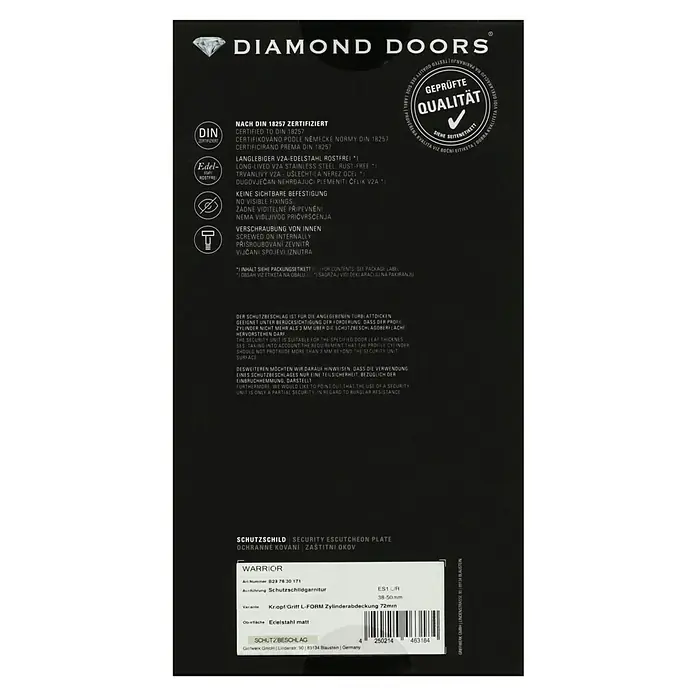 Diamond Doors Modern Schutzbeschlag warrior Schildgarnitur - Wohnungsabschlusstür, Stärke Tür: 35 mm - 45 mm, Edelstahl matt, Knopf außen, Drücker innen, DIN 18257 ES1 - Produktverpackung Diamond Doors Warrior Schutzschild, Edelstahl matt, für Türblattdicken 38-50mm, mit Montageanleitung.