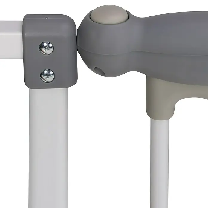 Sicherheitsgitter Premium - Höhe: 75 cm, 65 cm - 104 cm - Nahaufnahme eines weißen Treppenschutzgitters mit grauen Verbindungselementen und Schrauben zur sicheren Befestigung.