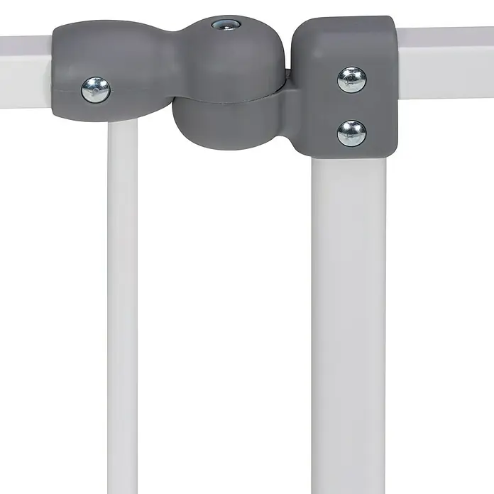 Sicherheitsgitter Premium - Höhe: 75 cm, 65 cm - 104 cm - Nahaufnahme eines weißen Treppenschutzgitters mit grauem Gelenkstück und silbernen Schrauben zur Befestigung.
