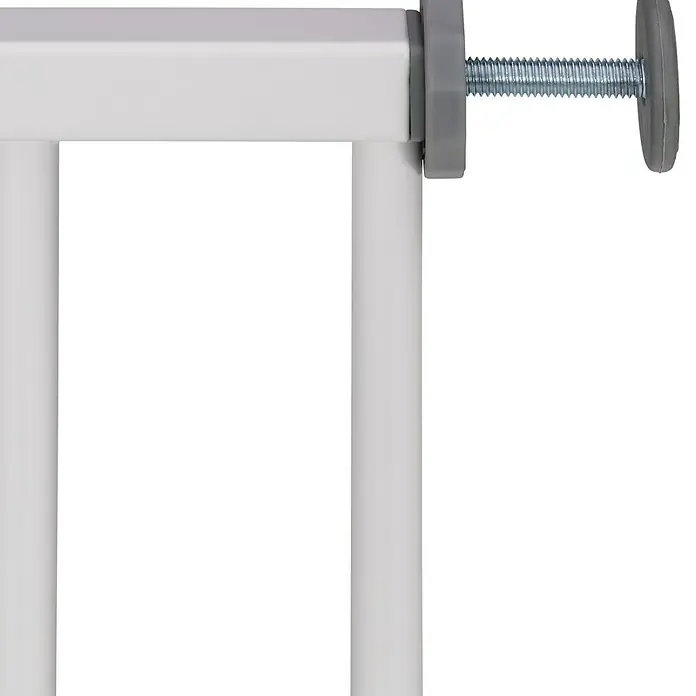 Sicherheitsgitter Premium - Höhe: 75 cm, 65 cm - 104 cm - Detailansicht eines weißen Babygitters mit grauen Befestigungselementen. Das Gitter bietet Sicherheit und Schutz für Ihr Kind im Haus.