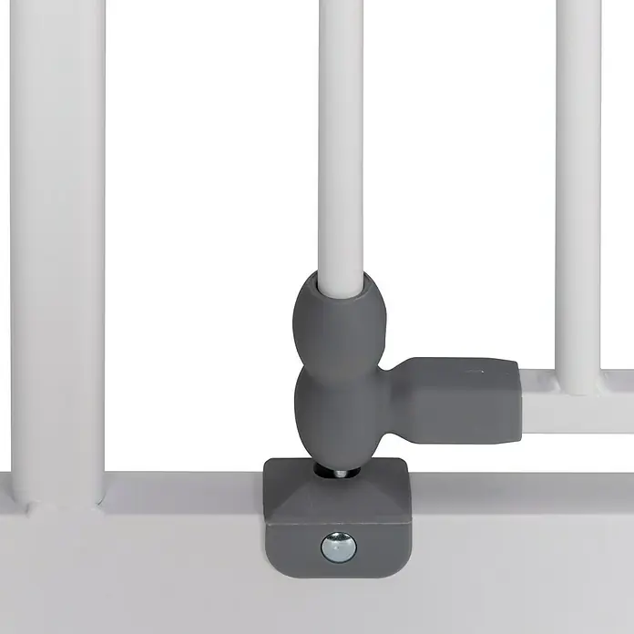 Sicherheitsgitter Premium - Höhe: 75 cm, 65 cm - 104 cm - Detailaufnahme eines weißen Babygitters mit grauem Verbindungsstück. Das Gitter sorgt für Sicherheit und Schutz.
