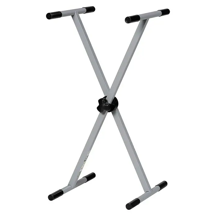 Arbeitsbock Tretix - Höhenverstellung: 32 cm - 103 cm - Ein X-förmiger Keyboardständer in grau mit schwarzen Endkappen und einer zentralen Feststellschraube.