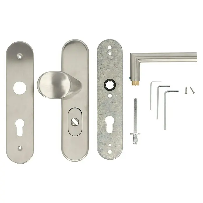 Diamond Doors Modern Schutzbeschlag warrior Schildgarnitur - Wohnungsabschlusstür, Stärke Tür: 35 mm - 45 mm, Edelstahl matt, Knopf außen, Drücker innen, DIN 18257 ES1 - Detailaufnahme eines Türbeschlags-Sets aus Edelstahl, inklusive Griff, Rosetten und Befestigungsmaterial für eine moderne Optik.