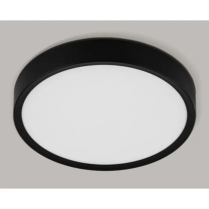 Eglo LED-Deckenleuchte rund MUSURITA - 14,6 W, Ø x H: 340 mm x 6 cm, Schwarz, Warmweiß - Nahaufnahme einer runden, schwarzen Deckenleuchte mit einem weißen, diffusen Lichtpaneel. Elegantes und modernes Design für Innenräume.
