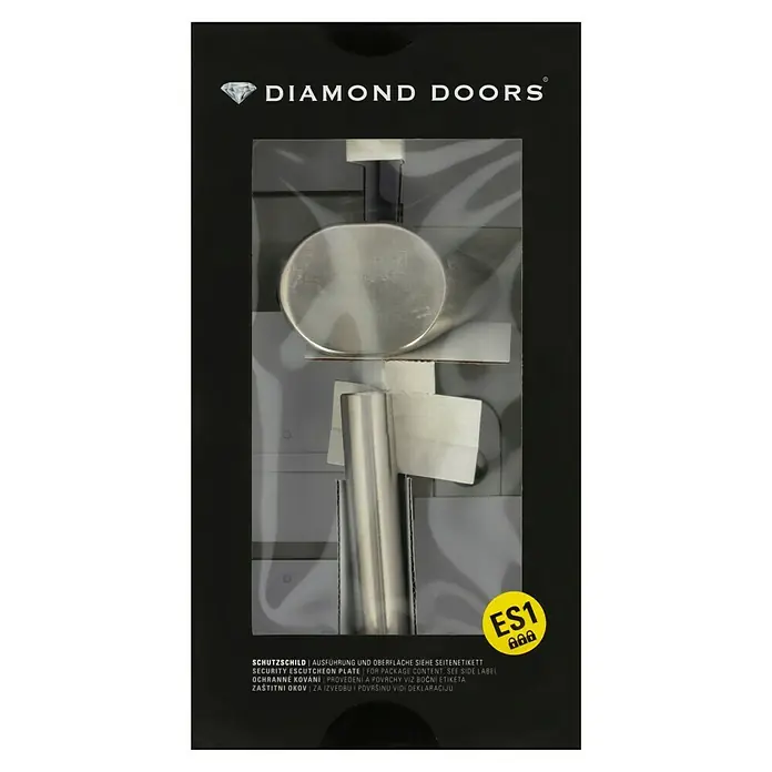 Diamond Doors Modern Schutzbeschlag warrior Schildgarnitur - Wohnungsabschlusstür, Stärke Tür: 35 mm - 45 mm, Edelstahl matt, Knopf außen, Drücker innen, DIN 18257 ES1 - Nahaufnahme einer DIAMOND DOORS Schutzschild-Verpackung, die ein Sicherheitsschloss zeigt.