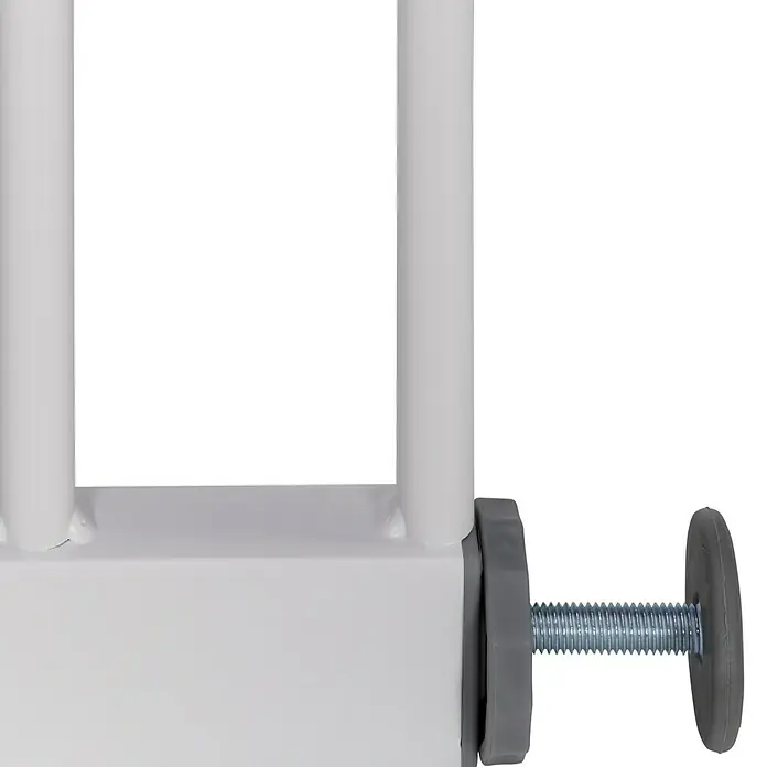 Sicherheitsgitter Premium - Höhe: 75 cm, 65 cm - 104 cm - Detailaufnahme eines weißen Klemmfußes, der an einem Möbelstück befestigt ist. Der graue Feststellknopf ist deutlich sichtbar.