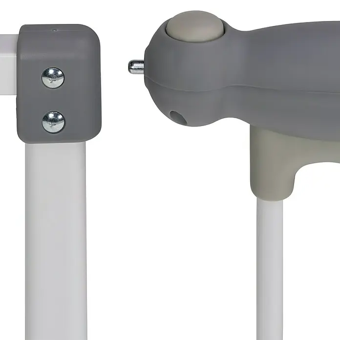 Sicherheitsgitter Premium - Höhe: 75 cm, 65 cm - 104 cm - Detailaufnahme eines Sicherheitsgitters mit grauen Verbindungsstücken und weißen Stangen.