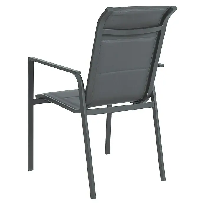 Silla de jardín Pia - Gris oscuro, Apilable, 57 x 70 x 90 cm - Vista de una silla de jardín antracita con reposabrazos y tejido de malla para asiento y respaldo.