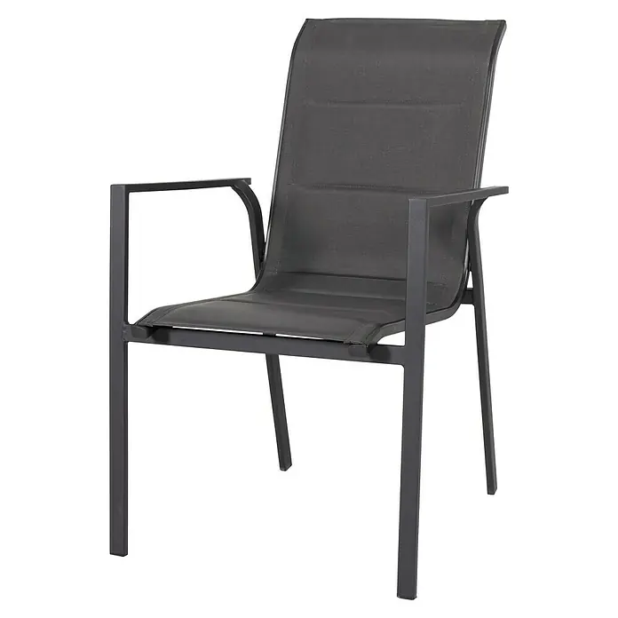 Silla de jardín Pia - Gris oscuro, Apilable, 57 x 70 x 90 cm - Imagen de una elegante silla de exterior gris con reposabrazos, perfecta para añadir confort y estética moderna a cualquier espacio exterior.