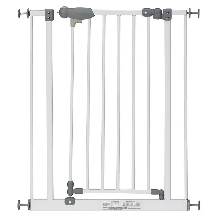 Sicherheitsgitter Premium - Höhe: 75 cm, 65 cm - 104 cm - Das Bild zeigt ein weißes Kinderschutzgitter mit grauem Schließmechanismus, das für den Einsatz in Türen oder Treppen konzipiert ist.