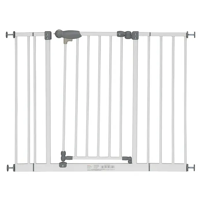 Sicherheitsgitter Premium - Höhe: 75 cm, 65 cm - 104 cm - Nahaufnahme eines weißen Treppenschutzgitters, ideal für Kindersicherheit, mit einstellbaren Spannvorrichtungen für sicheren Halt.