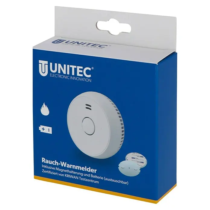 UniTEC Rauchwarnmelder Kriwan/TÜV - Durchmesser: 90 mm, Alarmsignal: 85 dB - Die Verpackung eines Unitec Rauchwarnmelders. Inklusive Magnethalterung und Batterie. Zertifiziert vom KRIWAN Testzentrum.
