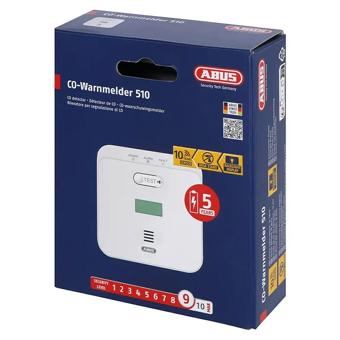 Abus Kohlenmonoxidmelder COWM 510 - Batterielaufzeit: 5 Jahre - Verpackung des ABUS CO-Warnmelders 510, einem Kohlenmonoxid-Detektor für erhöhte Sicherheit im Haus.
